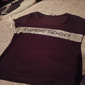 bebe Graphic Tee – Black – Size L – Vertical Stripe Logo